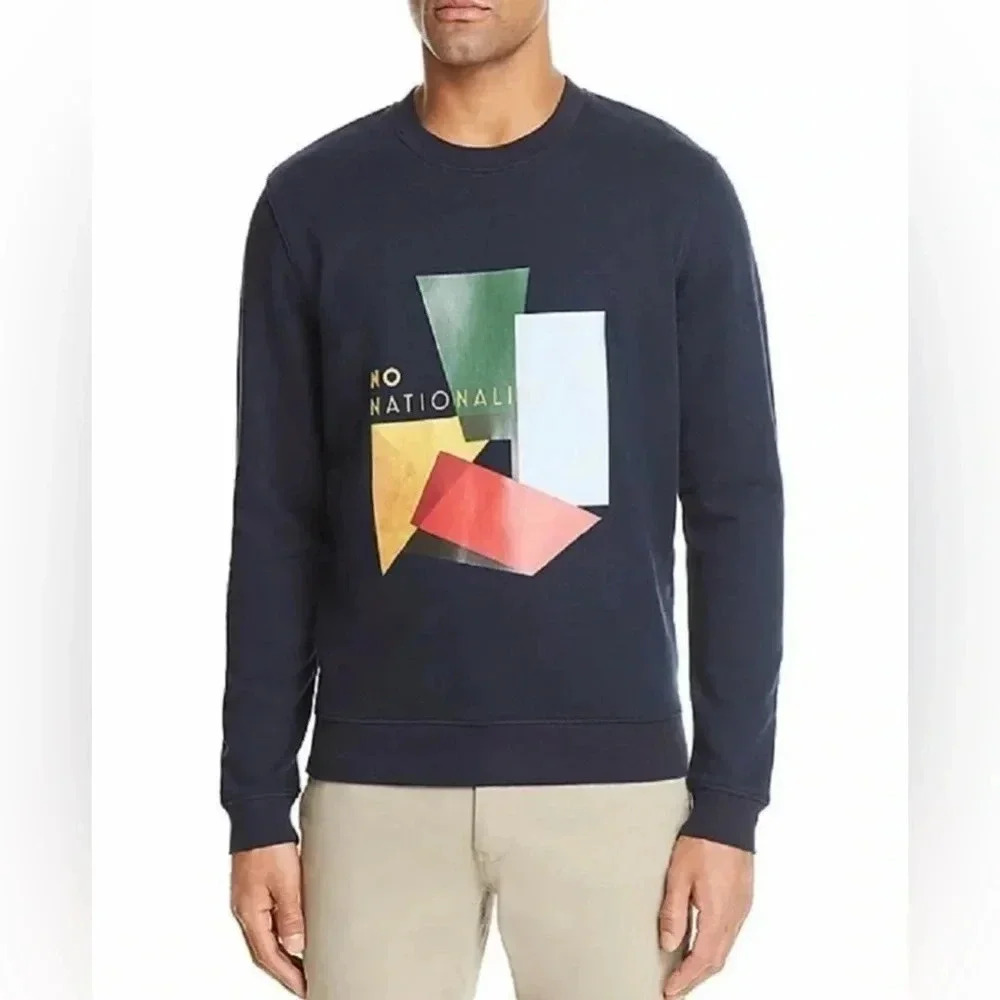 No Nationality NNO7 Men Blue Red Pullover Crew Neck Long Sleeve Sweatshi…